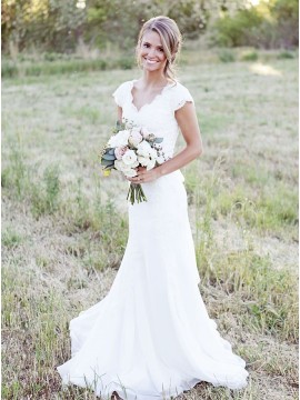 Mermaid V-neck Cap Sleeves Simple Wedding Dress with Lace Sashes