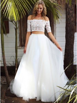 Two Piece Off-the-Shoulder Half Sleeves Beach Wedding Dress with Lace