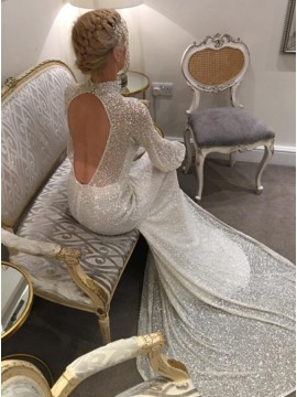 Mermaid High Neck Long Sleeves Court Train Open Back Sequined Wedding Dress 