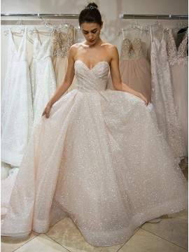 A-Line Sweetheart Court Train Light Champagne Sequined Wedding Dress