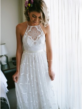 A-Line Halter Backless Sweep Train White Lace Wedding Dress with Pleats