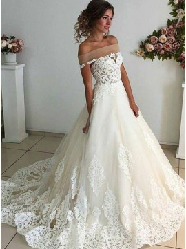 A-Line Off-the-Shoulder Sweep Train White Wedding Dress with Appliques