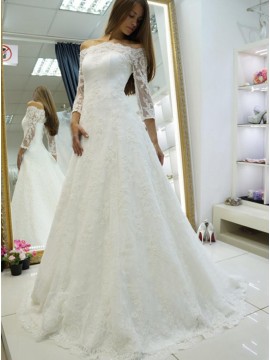 A-Line Off-the-Shoulder Long Sleeves Sweep Train White Lace Wedding Dress