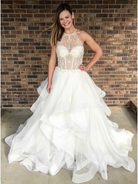 A-Line Crew Sweep Train White Tiered Wedding Dress with Lace