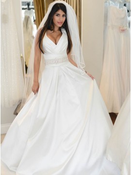 A-Line V-Neck Sweep Train White Satin Wedding Dress with Beading