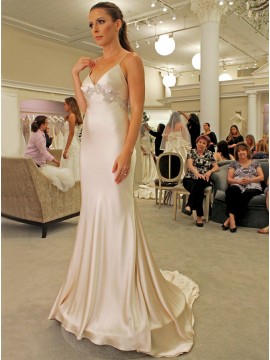 Mermaid Spaghetti Straps Sweep Train Light Champagne Wedding Dress with Appliques