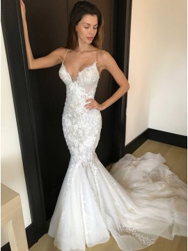 Mermaid Spaghetti Straps Long White Wedding Dress with Court Train