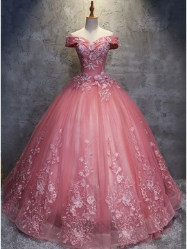 Ball Gown Off-the-Shoulder Lace-Up Pink Wedding Dress with Appliques Beading