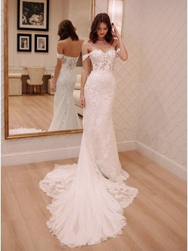 Off-the-Shoulder Mermaid Wedding Dress with Lace Appliques