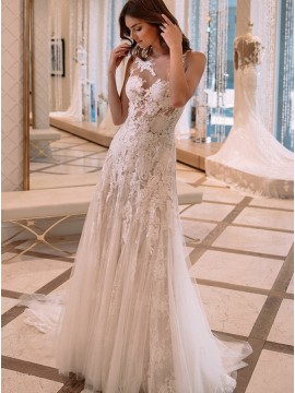 A-Line Jewel Illusion Back Wedding Dress with Lace Appliques