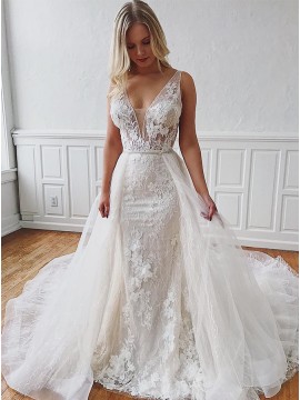 Detachable V-Neck Sleeveless Mermaid Wedding Dress with Appliques