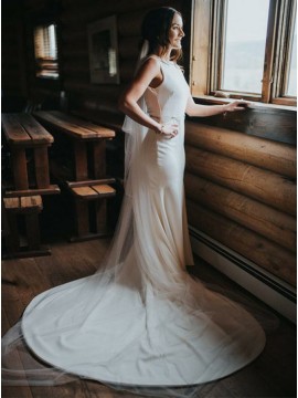 Elegant Bateau Backless Mermaid Wedding Dress with Beading