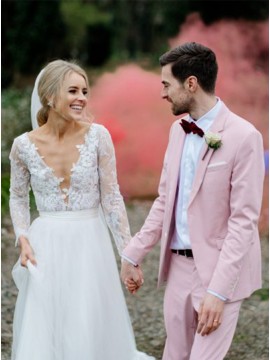 Deep V-Neck Appliques Lace Backless Wedding Dress with Long Sleeves