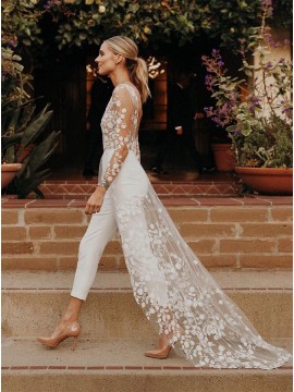 Long Sleeve Sexy See-Through Modern Bodysuit Wedding Dress