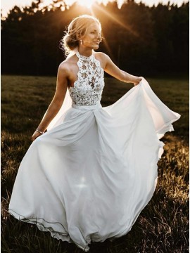 Romantic A-Line Halter Sleeveless Chiffon Beach Wedding Dress with Lace