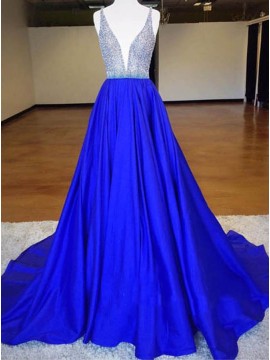 A-Line Deep V-Neck Sweep Train Royal Blue Prom Dress with Beading