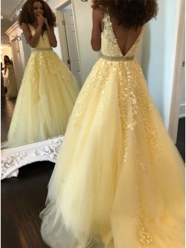 A-Line V-Neck Diffodil Prom Dress with Beading Appliques