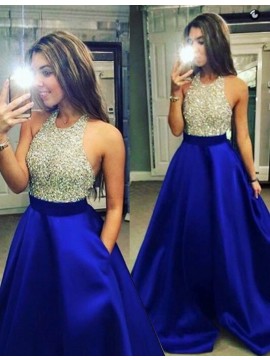 A-Line Halter Backless Long Beaded Prom Dress Royal Blue Evening Dress