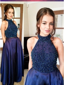 Two Piece A-Line Halter Navy Blue Beaded Satin Prom Dress