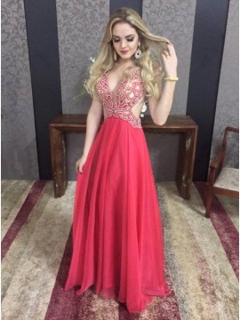 A-Line Deep V-Neck Backless Sleeveless Red Long Prom Dress with Beading
