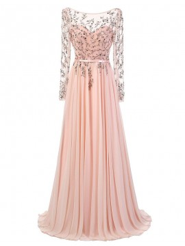 A-Line Sheer Sleeves Backless Pink Prom Dress with Sequins Beading