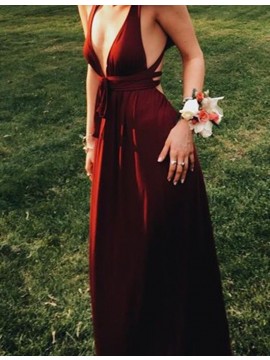 A-Line Deep V-Neck Backless Sexy Burgundy Prom Dress with Sashes