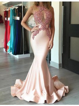 Mermaid Bateau Sleeveless Illusion Back Long Pink Prom Dress with Appliques