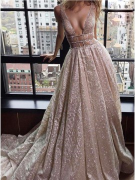 A-Line Deep V-Neck Long Backless Champagne Prom Dress with Sequin