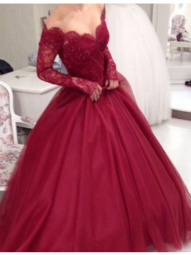 A-Line Off the Shoulder Long Sleeves Burgundy Prom Dress with Beading