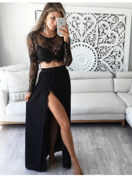 Two Piece Round Long Sleeves Sexy Black Prom Dress with Lace Top