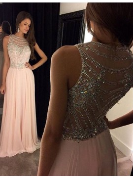 A-Line Bateau Sleeveless Illusion Back Long Pink Prom Dress with Beading