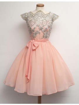 A-Line Scalloped Cap Sleeves Sash Peach Knee-Length Homecoming Dress with Lace