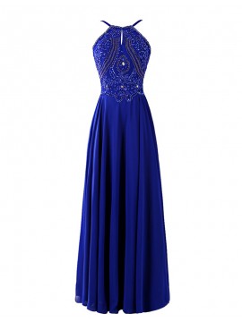 A-Line Round Neck Rhinestone Backless Long Royal Blue Prom Dress with Beading