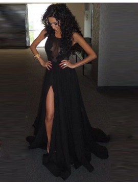 A-Line Round Neck Floor-Length Legslit Black Prom Dress with Lace