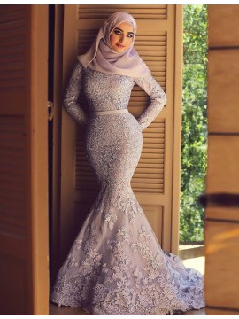 Elegant Mermaid Scoop Long Sleeves Sweep Train Lilac Lace Prom Dress