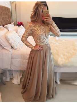 A-Line Scalloped Long Sleeves Illusion Back Long Prom Dress with Lace Beading