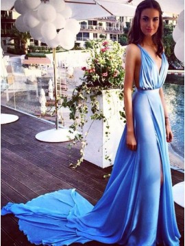 A-Line Deep V-Neck Split Front Long Blue Backless Prom Dress with Pleats