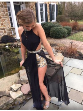 Sheath Round Neck Criss-Cross Straps Black Prom Dress with Sequins Rhinestone