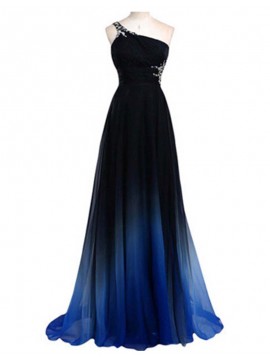 A-Line One Shoulder Open Back Beaded Elegant Gradual Blue Prom Dress 