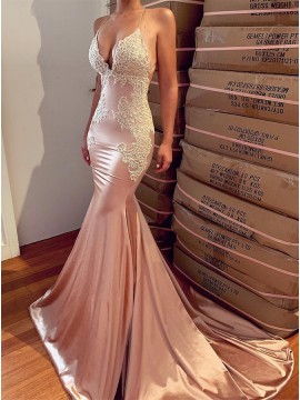 Spaghetti Straps Mermaid Evening Dress Blush Backless Prom Dress with Lace