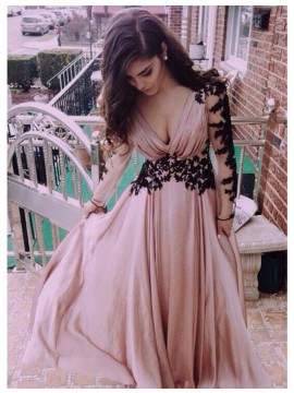 A-Line V-Neck Long Sleeves Backless Blush Prom Dress with Pleats Appliques