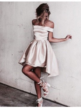  High Low Off-the-Shoulder Champagne Homecoming Dress with Pleats