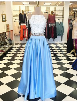 Two Piece Light Blue Square Prom Dress with Beading Lace 