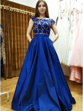 A-Line Royal Blue Satin Elegant Prom Dress with Appliques Pockets