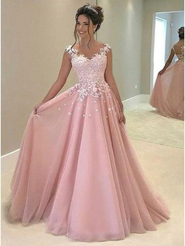 A-Line V-Neck Sleeveless Sweep Train Pink Prom Dress with Appliques