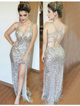 Sheath Deep V-Neck Open Back Silver Sequined Prom Dress with Split