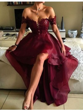High Low Off the Shoulder Burgundy Backless Prom Dress with Lace