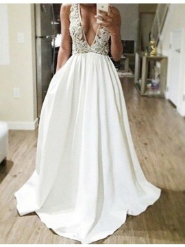 A-line Deep V-neck Floor Length White Prom Dress with Beading Lace