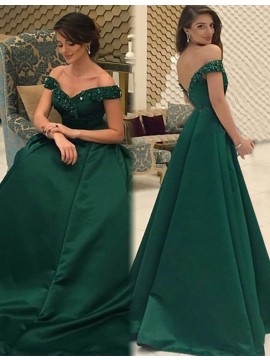 Off the Shoulder Dark Green Long Backless Prom Dress with Beading