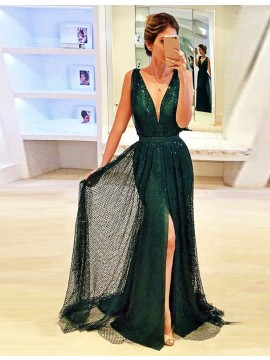 Sheath Hunter Deep V-neck Long Lace Prom Dress with Split Sequins